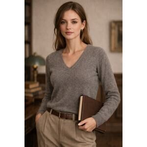 Harrods 100% Cashmere Women's Small Grey Quiet Luxury V-Neck Sweater See Photos